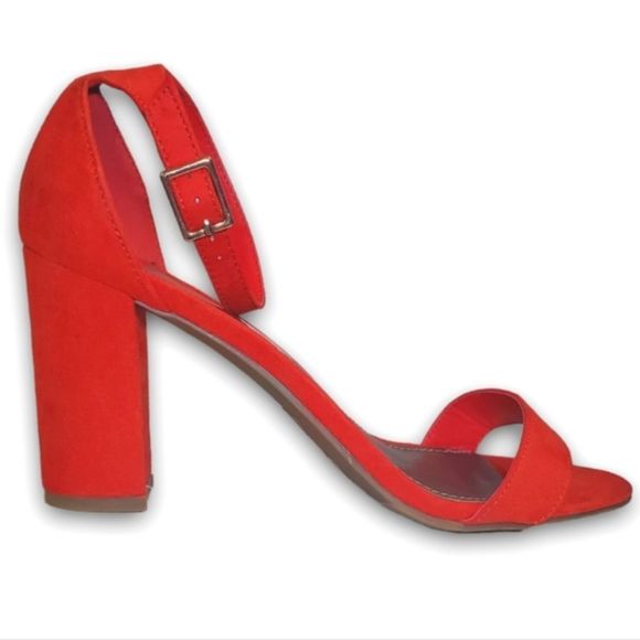 #417 New Red Y2K Style Block Sandals Heels Ankle Strap Women's Size 8.5 Shoes - Picture 6 of 7